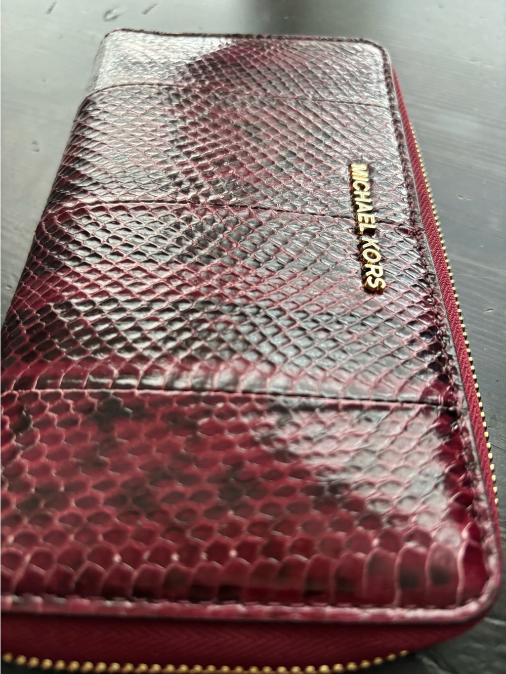 Michael Kors Burgundy Snake-Embossed Zip Around Wallet